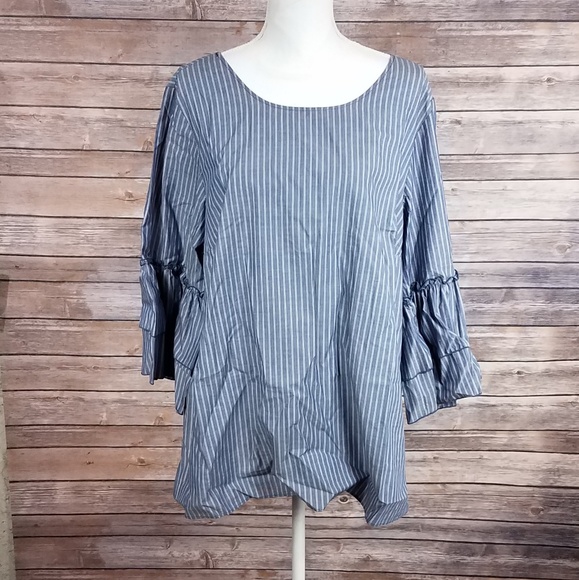 Tops - White+Blue Striped Bell Sleeved Criss Cross Top